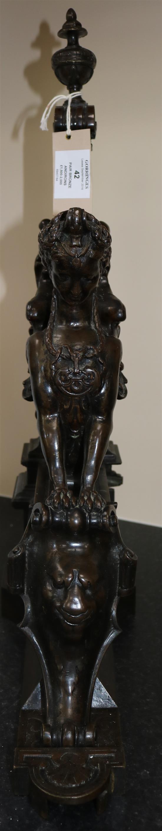 A pair of 18th century bronze andirons, H.22in.
